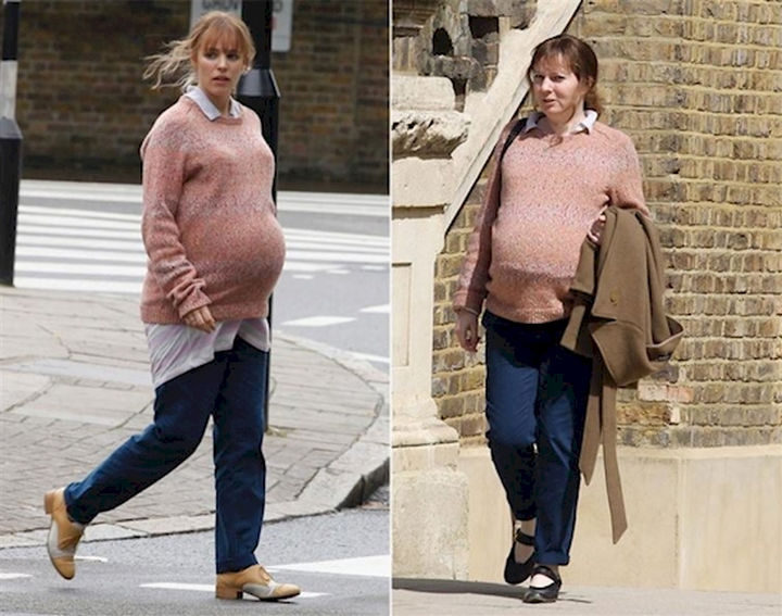 23 Celebrities Hanging Out With Their Stunt Doubles - Rachel McAdams and her body double on the set of "About Time."
