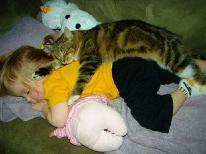 25 Kids Sleeping in the Strangest Places - Having a nap with her best friend.