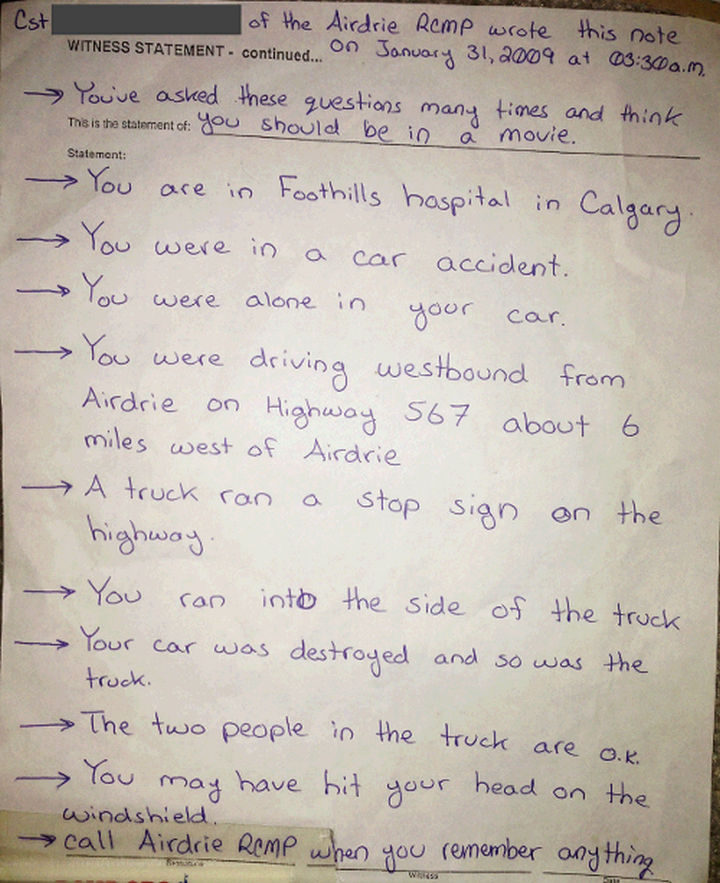 Calgary Man Hospitalized After Car Accident Finds a Note Attached to Him.