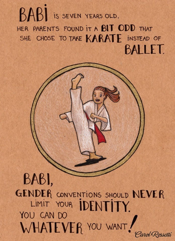 Inspiring Drawings by Brazilian Artist Carol Rossetti - "Babi is seven years old. Her parents found it a bit odd that she chose to take karate instead of ballet. Babi, gender conventions should never limit your identity. You can do whatever you want!"