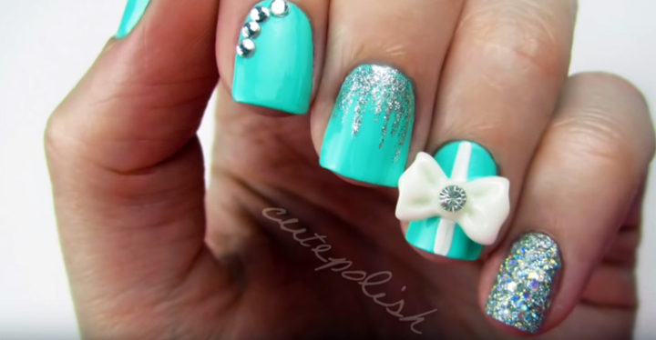 How To Create Tiffany Blue Diamond Nails Wedding Manicure.