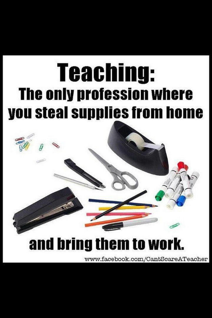 31 Back To School Memes - "Teaching: The only profession where you steal supplies from home and bring them to work."