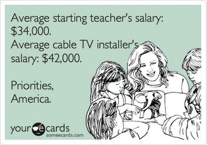 67 Funny Teacher Memes - "Average starting teacher's salary: $34,000. Average cable TV installer's salary: $42,000. Priorities, America."