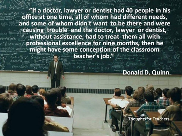 "If a doctor, lawyer or dentist had 40 people in his office at one time, all of whom had different needs, and some of whom didn't want to be there and were causing trouble and the doctor, lawyer or dentist, without assistance, had to treat them all with professional excellence for nine months, then he might have some conception of the classroom teacher's job."