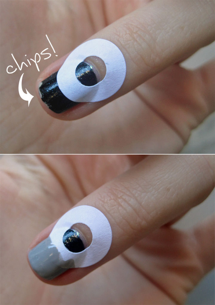 13 Quick and Easy Ways to Save a Chipped Manicure - Use a reinforcement sticker as a mask to create half-moons.