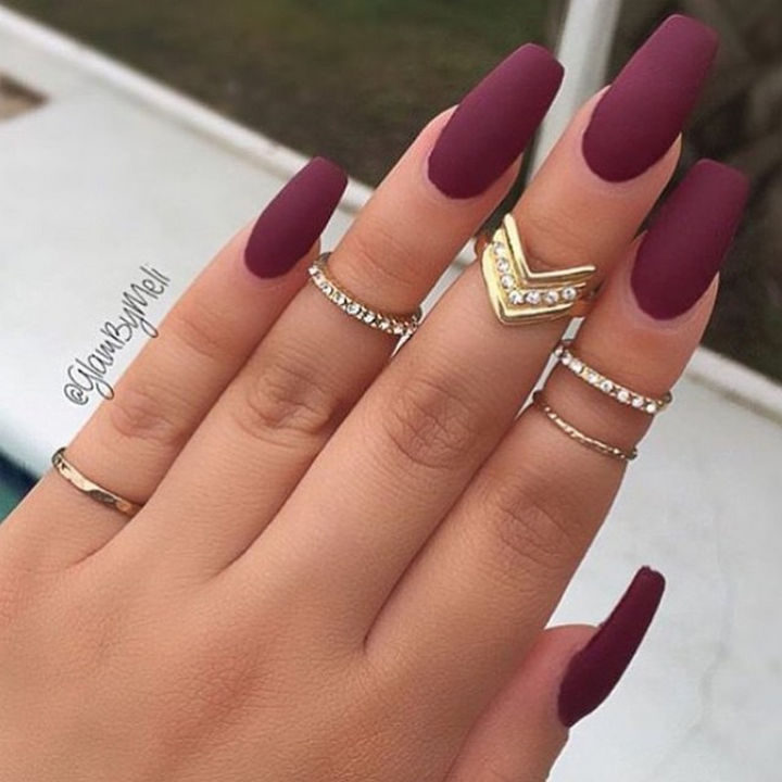 20 Matte Nails - Matte burgundy with some bling looks gorgeous.