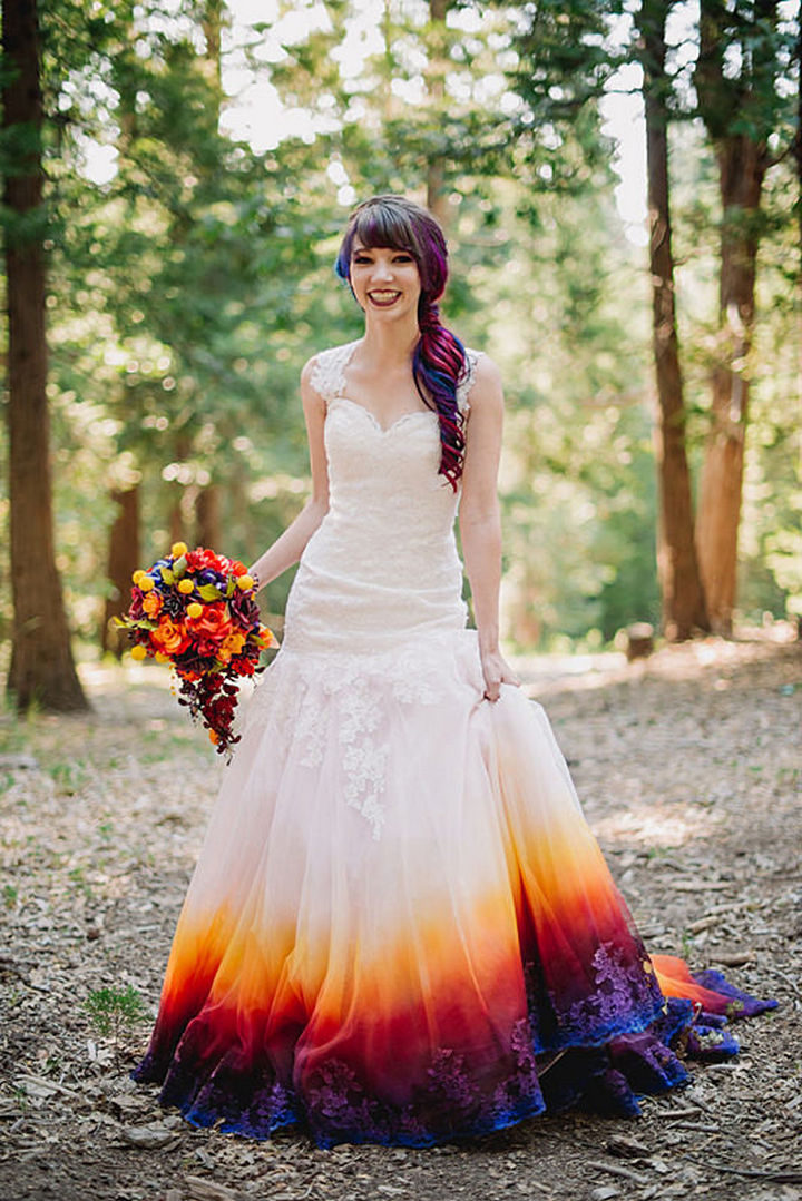 One problem with all-white dresses is that they get dirty from walking around but not this ombre wedding dress. The darker colors on the edges let Linko walk where she pleases without having to worry about her dress.