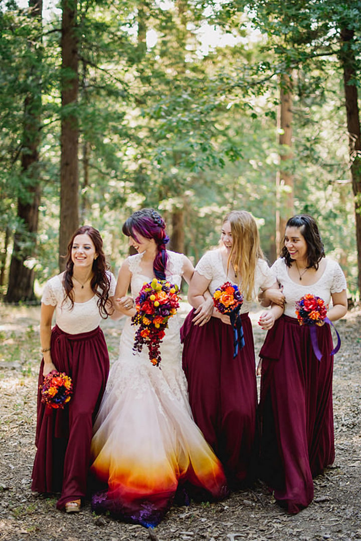 The entire bridal party is also color coordinated in the same color palette as Linko's ombre wedding dress.