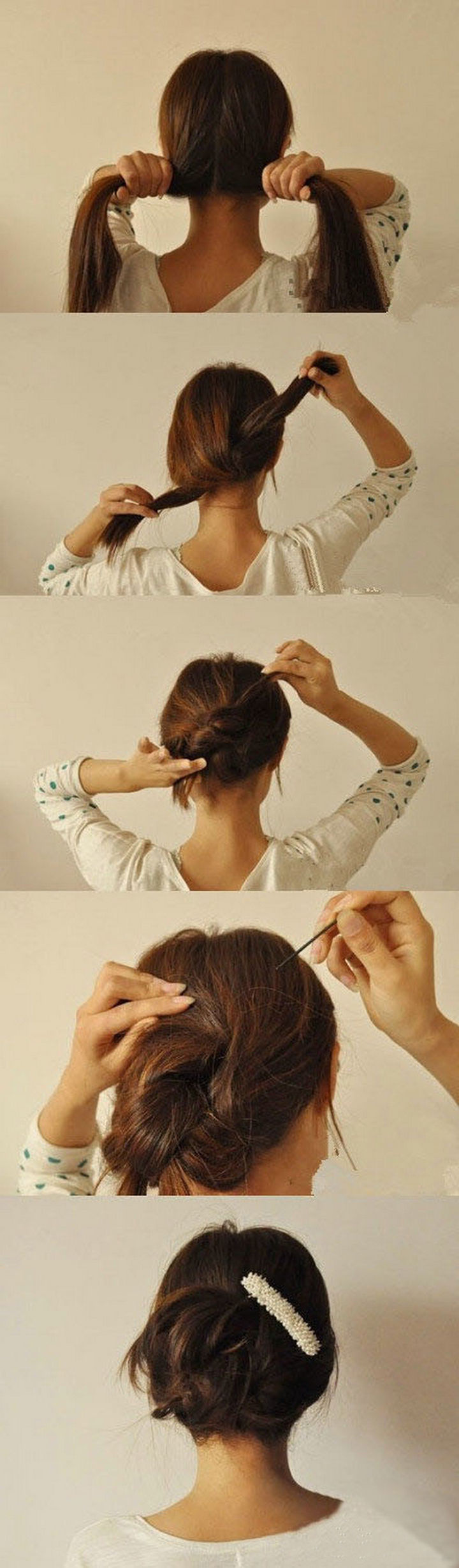 25 Lazy Girl Hair Hacks - A 20-second DIY updo hairstyle. Simply split, knot, twist, and pin.