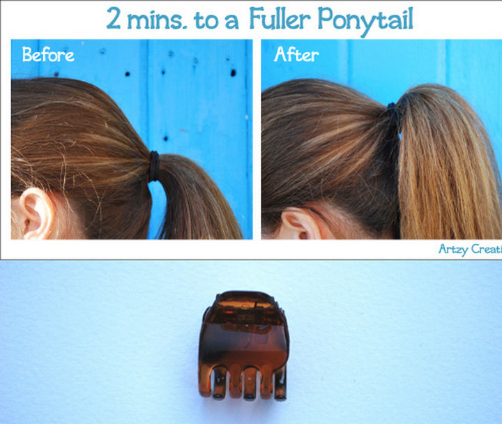 25 Lazy Girl Hair Hacks - Use a butterfly clip to make your ponytail fuller.