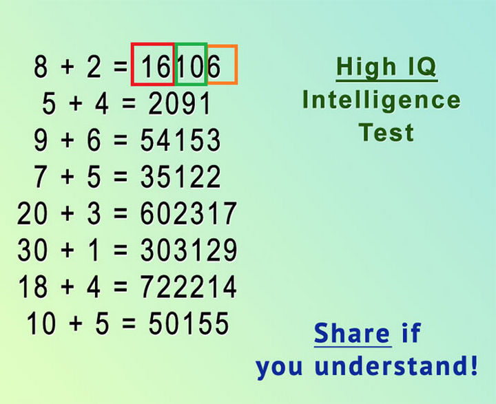 OK, here is the answer to the High IQ Intelligence Test! You first multiply the numbers, add them, then subtract them.