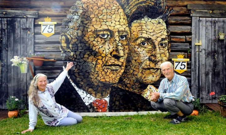 13 Displays of Stacked Wood Art - A beautiful tribute for the 75th Anniversary of King Harald and Queen Sonja.