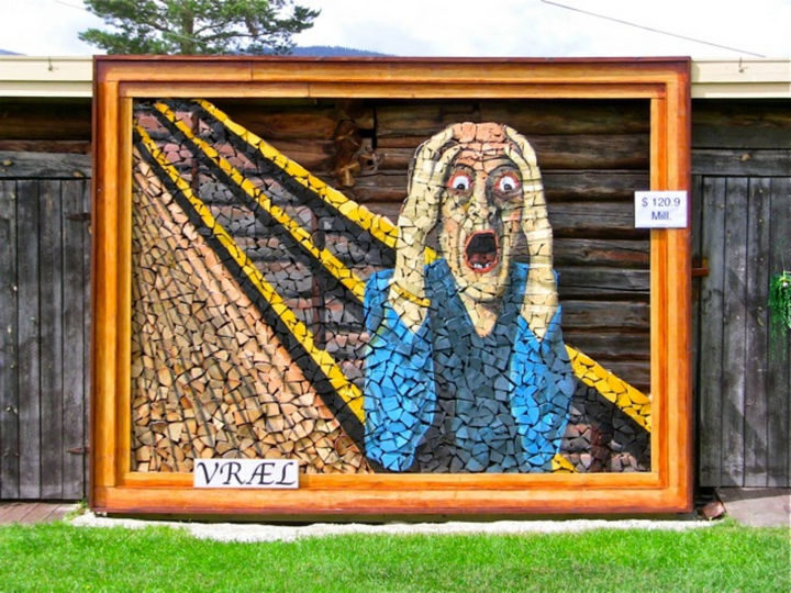 13 Displays of Stacked Wood Art - A colorful stacked wood piece inspired by Edvard Munch's 'The Scream.'