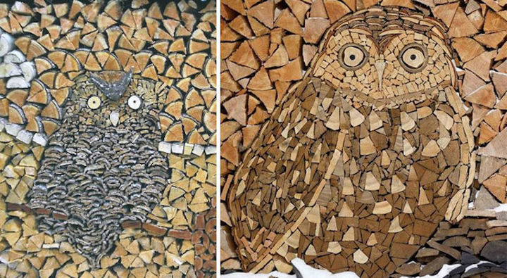A couple of owls hiding in a stack of wood.