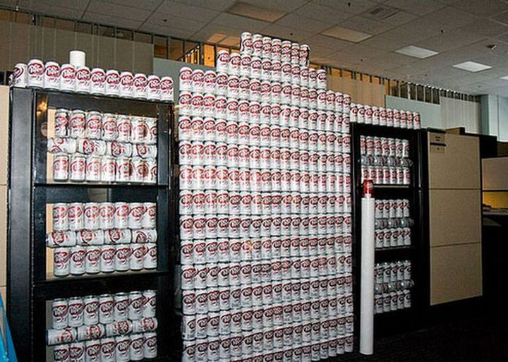 26 Funny Office Pranks - Who needs a vending machine when you have a cubicle full of Dr. Pepper.