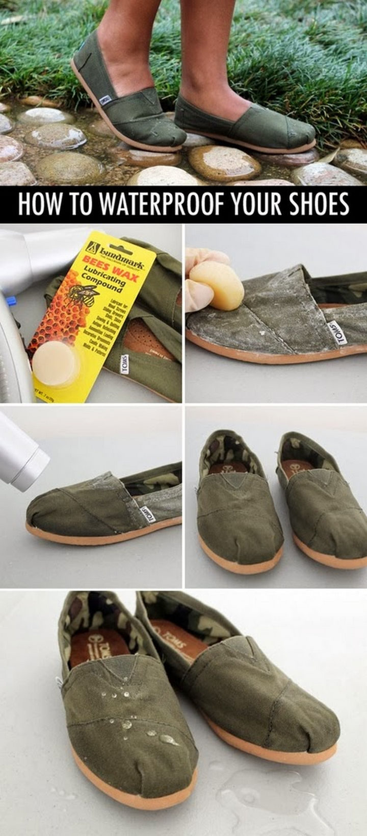 26 Simple Life Hacks - Waterproof canvas shoes with bees wax.