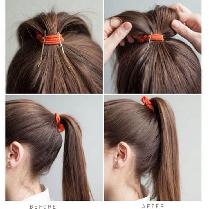 14 Lazy Girl Hair Hacks - Avoid a saggy ponytail by attaching 2 bobby pins to your elastic.