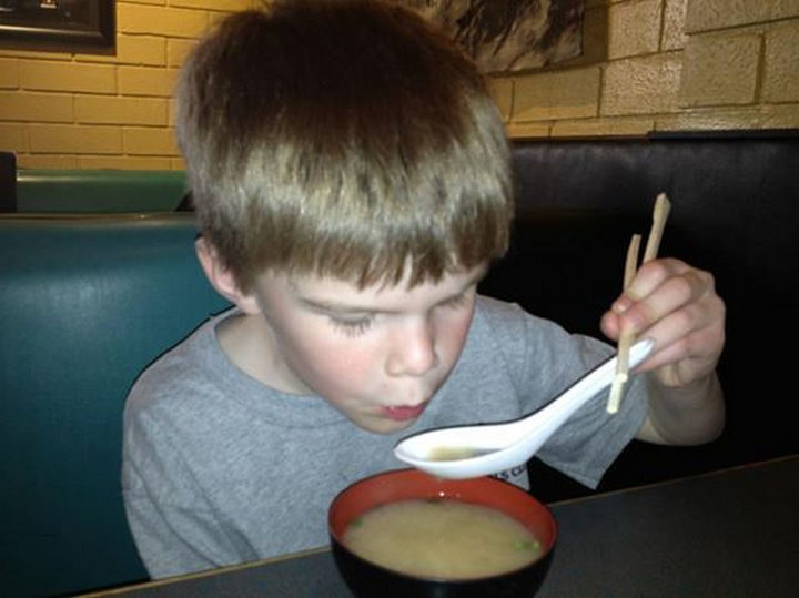 18 Kids Taking Instructions Too Literally - "I asked my son to use chopsticks at a Japanese restaurant. This is how he used them for the soup."