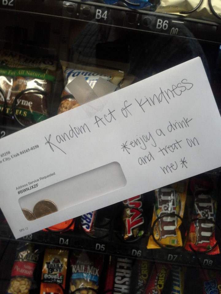 10 Random Acts of Kindness - Someone leaving a couple of dollars for a free drink and snack from the vending machine.