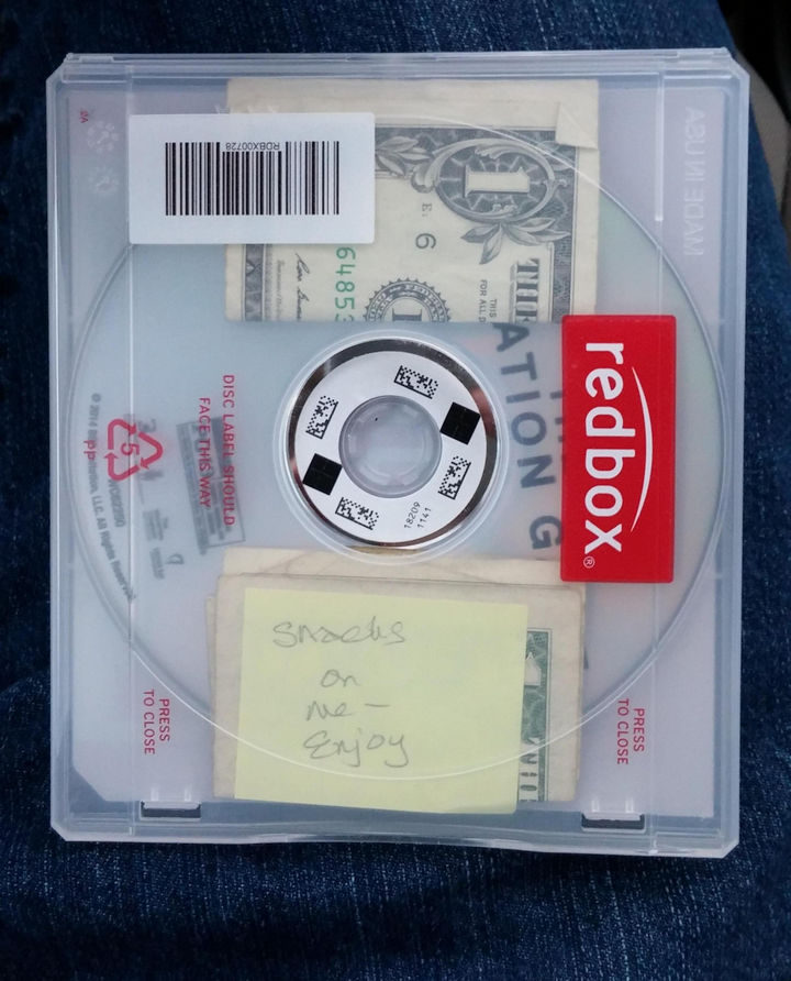 A kind stranger that left money for snacks in a CD rental case.