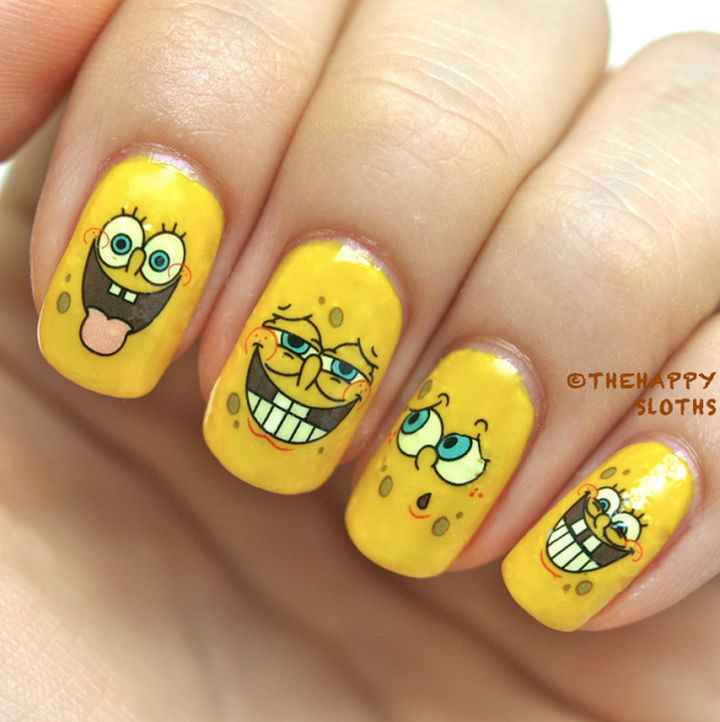 SpongeBob SquarePants has tons of facial expressions and these nails feature just some of the many faces of SpongeBob.