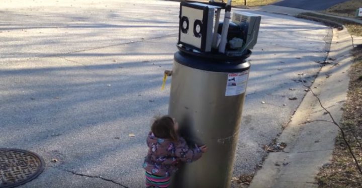 Little Girl Rayna Meets Her First Water Heater "Robot."