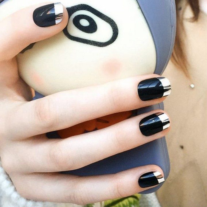 17 Chrome Nails - Black chrome French mani nails.