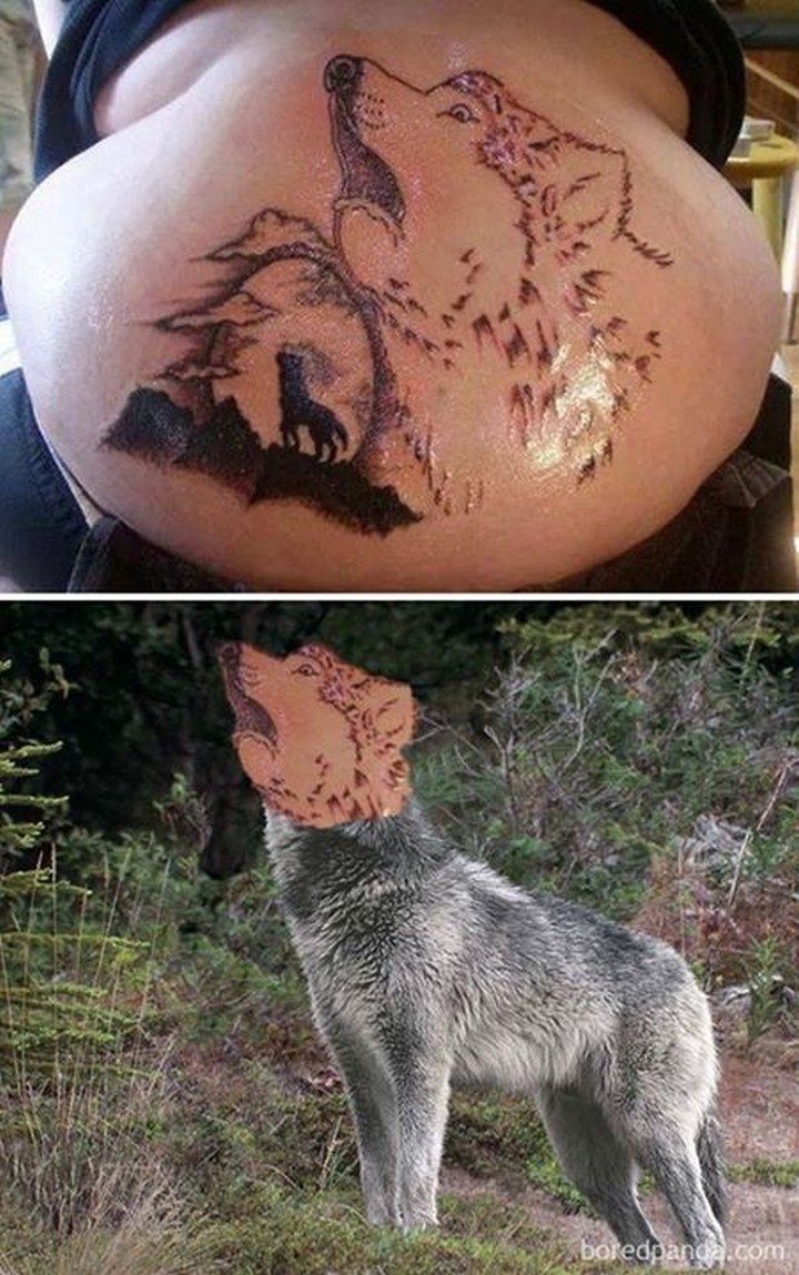25 Funny Tattoo Fails - I can't tell if that wolf is howling or gagging...