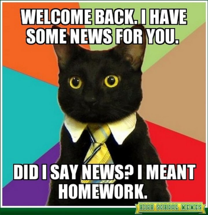 "Welcome back. I have some news for you. Did I say news? I meant homework."
