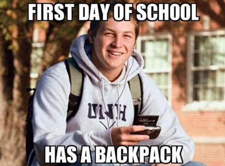 "First day of school. Has a backpack."