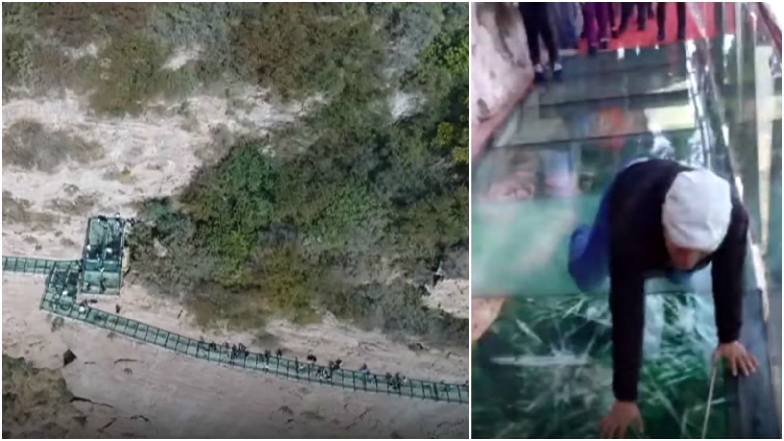 Glass Skywalk in China Appears To Crack as Tourist Walk Across.