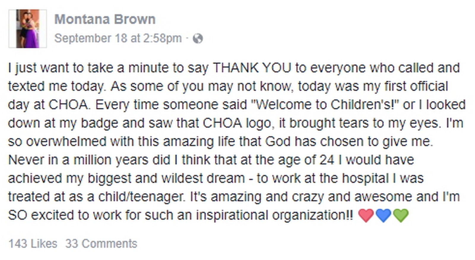 Montana Brown couldn't be happier and thankful to God and everyone in her life for helping her fulfill her dreams.