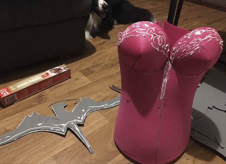 She used a $6 yoga mat from Kmart to create a pattern for the costume and hot glued an eagle emblem for the breastplate.