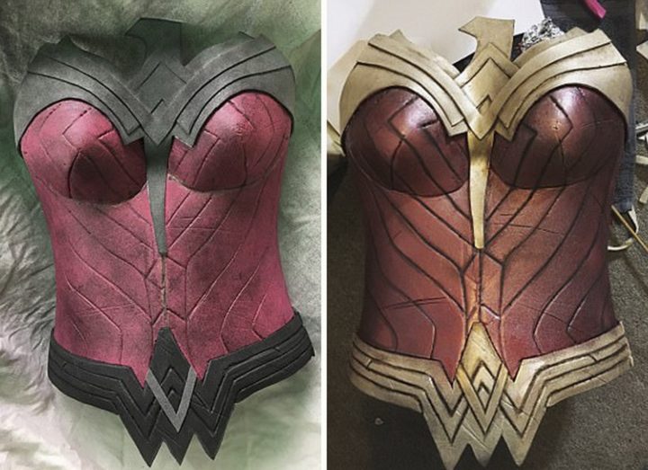 She spray painted the entire costume and added finer details painted by hand.
