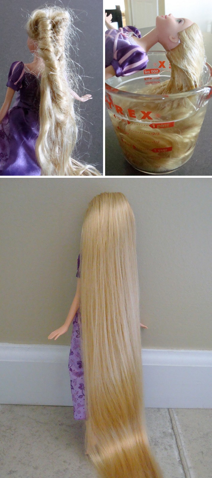 21 Best Mom Hacks - Detangle doll's hair with hot water, shampoo, and conditioner.