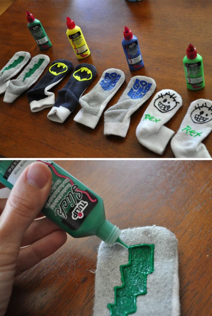 21 Best Mom Hacks - Let kids use fabric paint to create custom gripper socks to prevent falls on slippery floors.