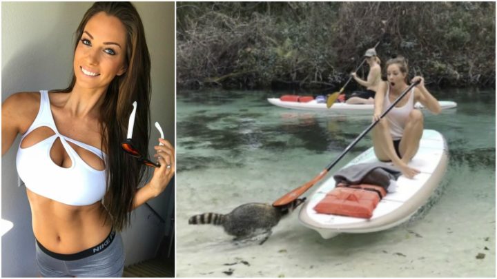 Raccoon Tries to Steal Fitness Model Janna Breslin’s Lunch.