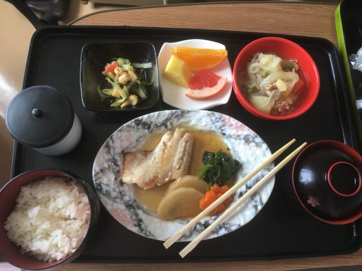 Baked fish, braised vegetables, nikujaga (meat and potatoes), cucumber and baby corn salad, rice, miso soup,  and green tea.