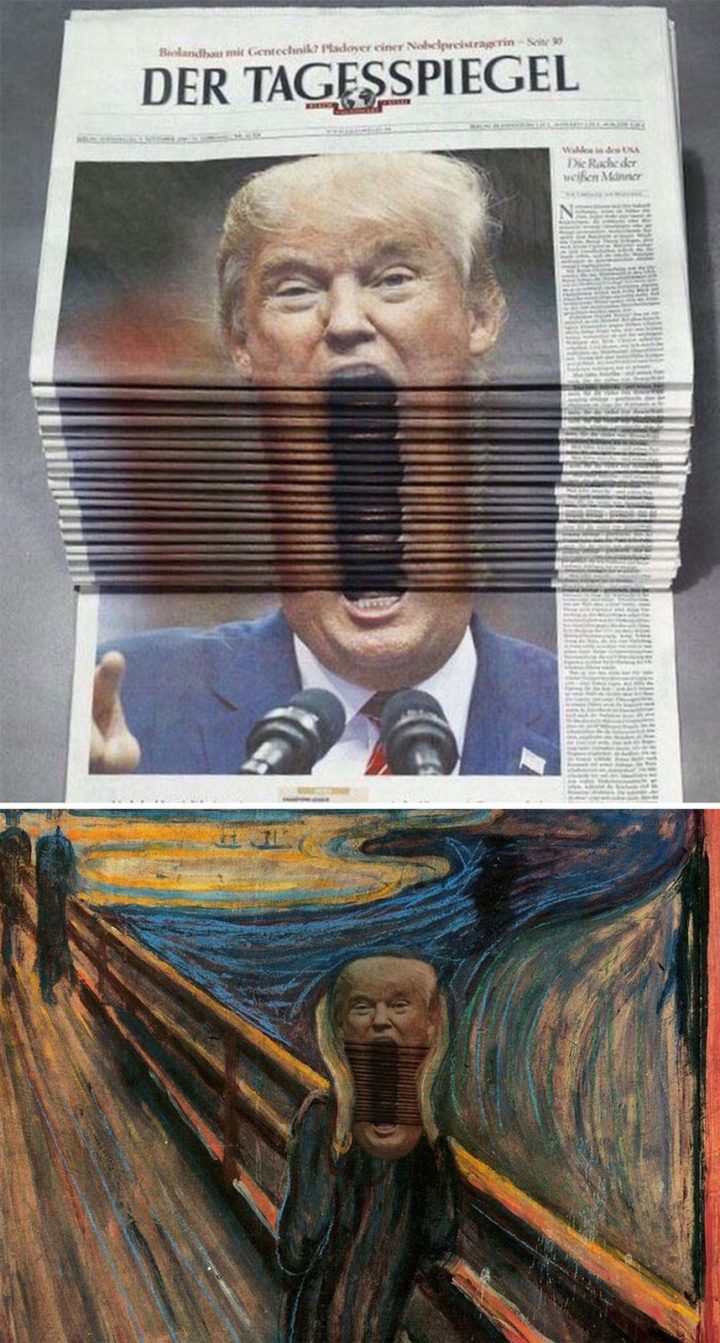 11 Epic Photoshop Battles - Trump screaming in a stack of newspapers.