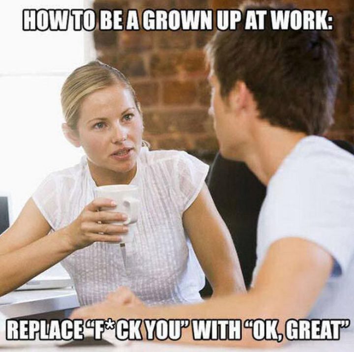 47 Memi sul lavoro divertenti - "Come essere grandi al lavoro: Sostituisci "F*** You" con "OK, fantastico".""How to be grown up at work: Replace "F*** You" with "OK, great"."