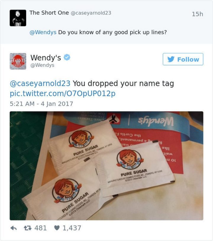 "The Short One: Do you know of any good pick-up lines? Wendy's: You dropped your name tag."