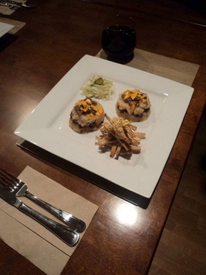 His friend has completed his entry: Big Mac mini Shepherd's Pies with sesame seed crisps and a salad.