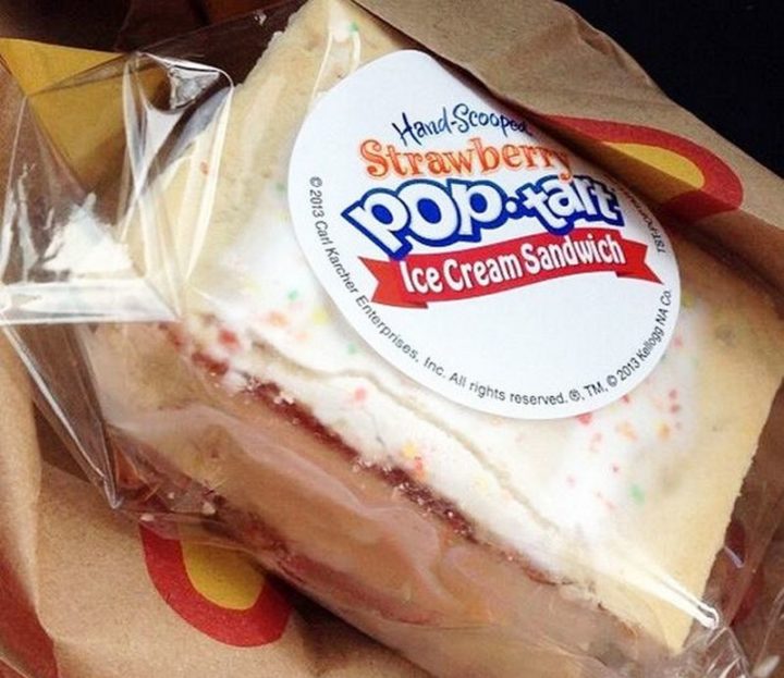 19 Ridiculous But Real Fast Food Items - Carl’s Jr Hand-Scooped Strawberry Pop-Tart Ice Cream Sandwich.
