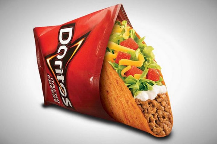 19 Ridiculous But Real Fast Food Items - Taco Bell Doritos Locos Tacos.
