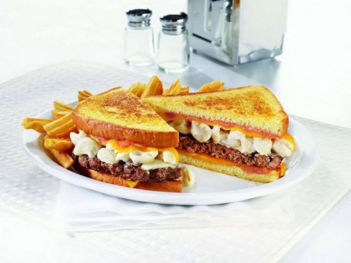 19 Ridiculous But Real Fast Food Items - Denny’s Mac ‘n Cheese Big Daddy Patty Melt.