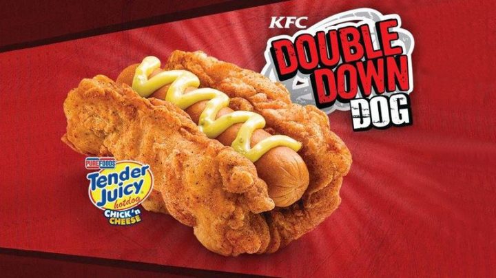 19 Ridiculous But Real Fast Food Items - KFC Double Down Dog.