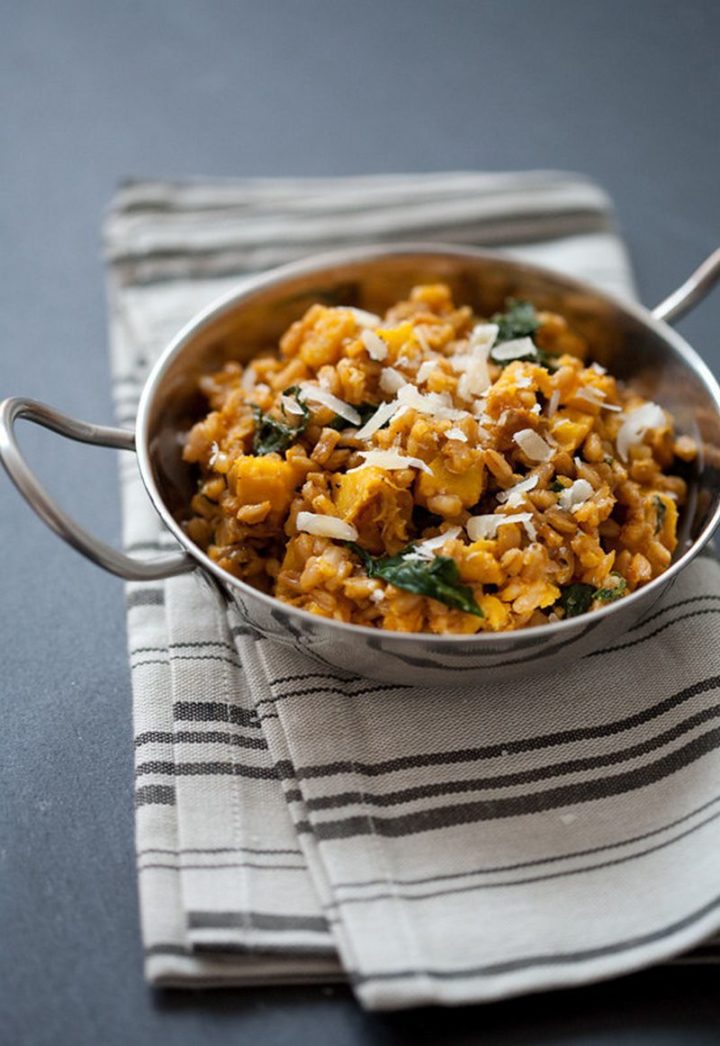 25 Healthy and Delicious Vegetarian Recipes - Farro Risotto with Acorn Squash and Kale.