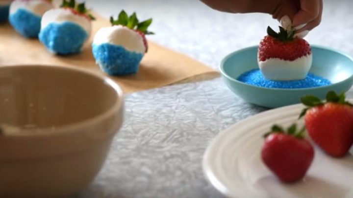 Patriotic Red, White, and Blue Chocolate-Covered Strawberries.