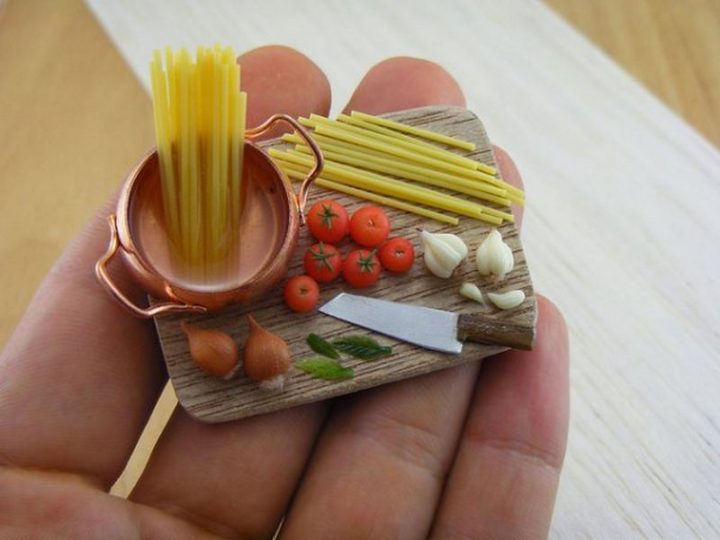 Shay Aaron Miniatures - Tiny Food (cooking spaghetti) That is Collectible and Wearable!