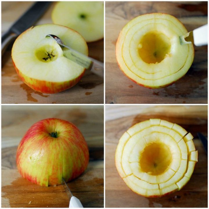 First, slice the top 1/4 to 1/3 of the apple and scoop out the core.